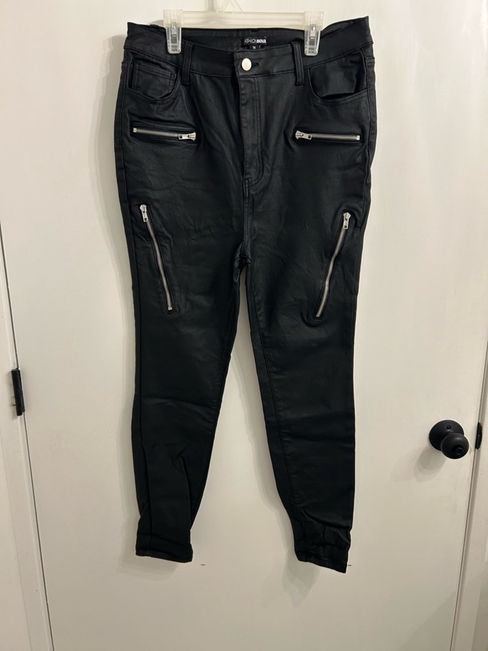 Fashion Nova Black Faux Leather Biker Pants with Silver Button